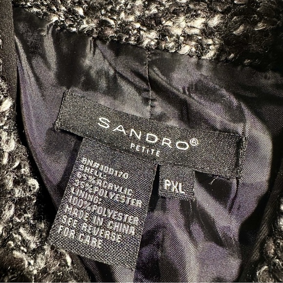 Sandro Black & White Marled Tweed Button Up Jacket with Black Satin Belt Sz XLP - Picture 2 of 15